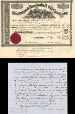 Sherman and Barnsdall Oil Co. - 1864 or 1865 dated Stock Certificate