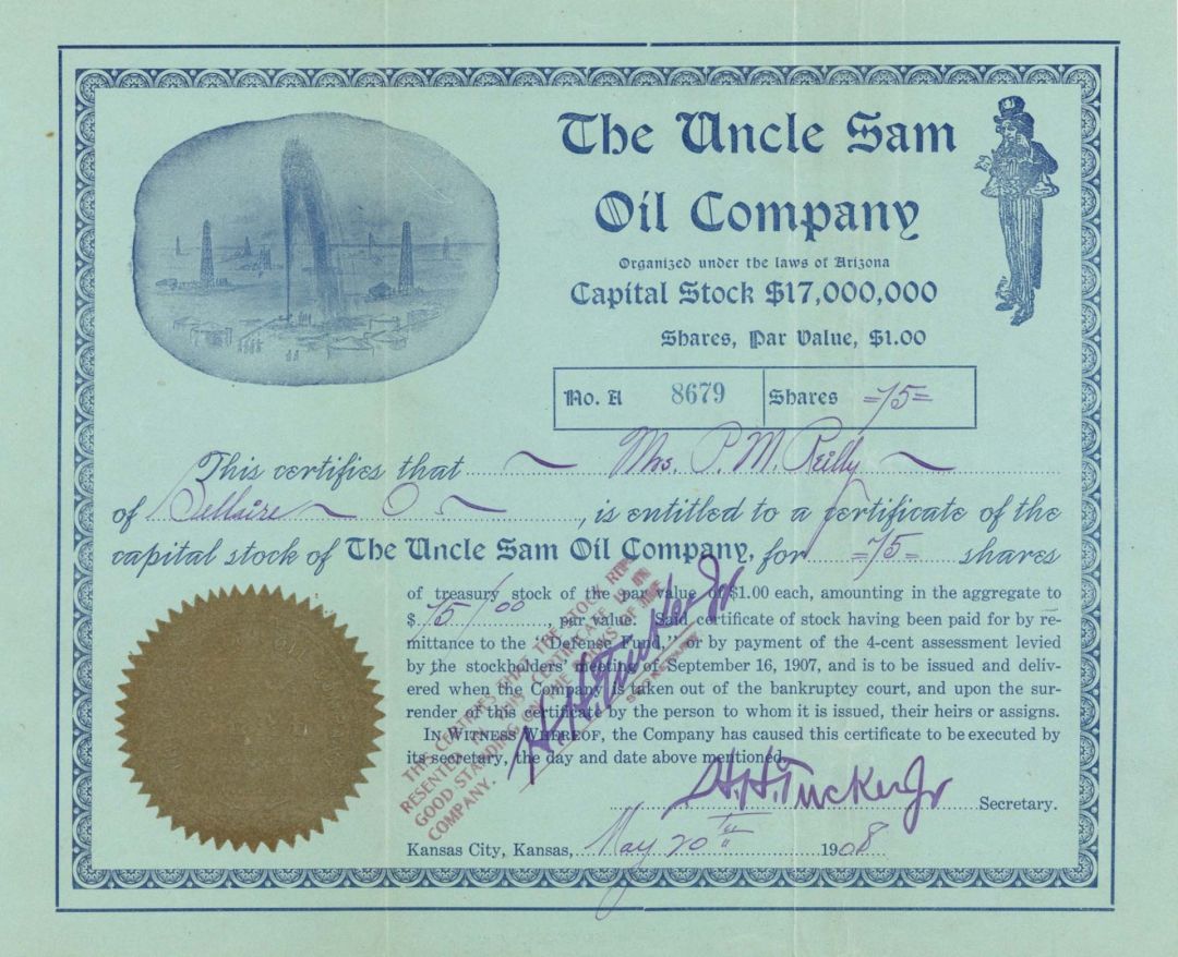 Uncle Sam Oil Co. - 1908-1918 dated Stock Certificate