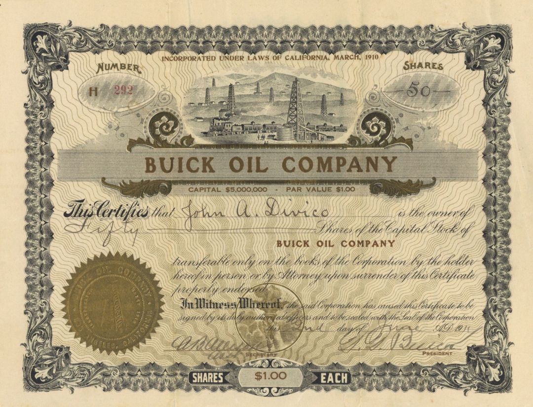 David Dunbar Buick signed Buick Oil Co. - Autograph Stock Certificate - Automotive Fame
