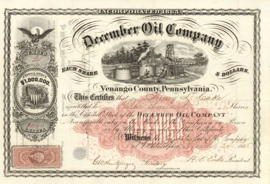 December Oil Co. - 1865 dated Stock Certificate