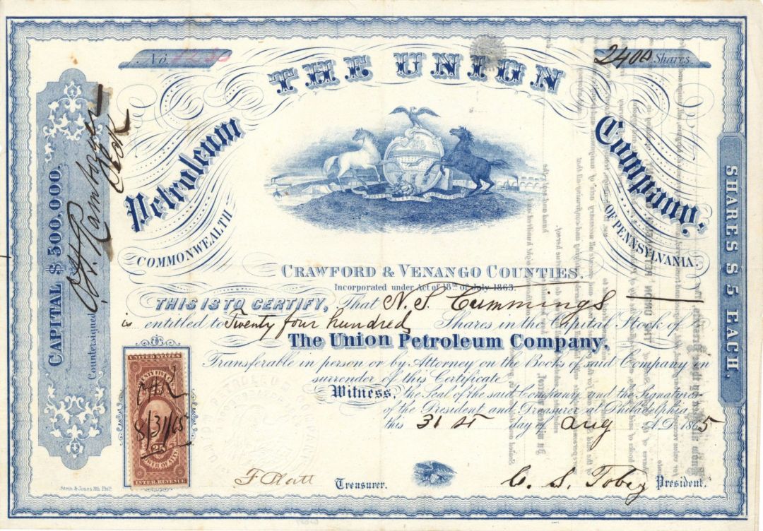 Union Petroleum Co. - 1864 or 1865 dated Stock Certificate