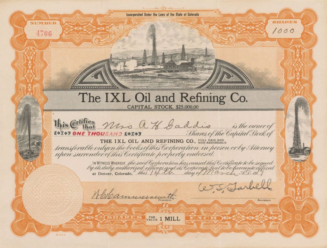 IXL Oil and Refining Co. - Stock Certificate