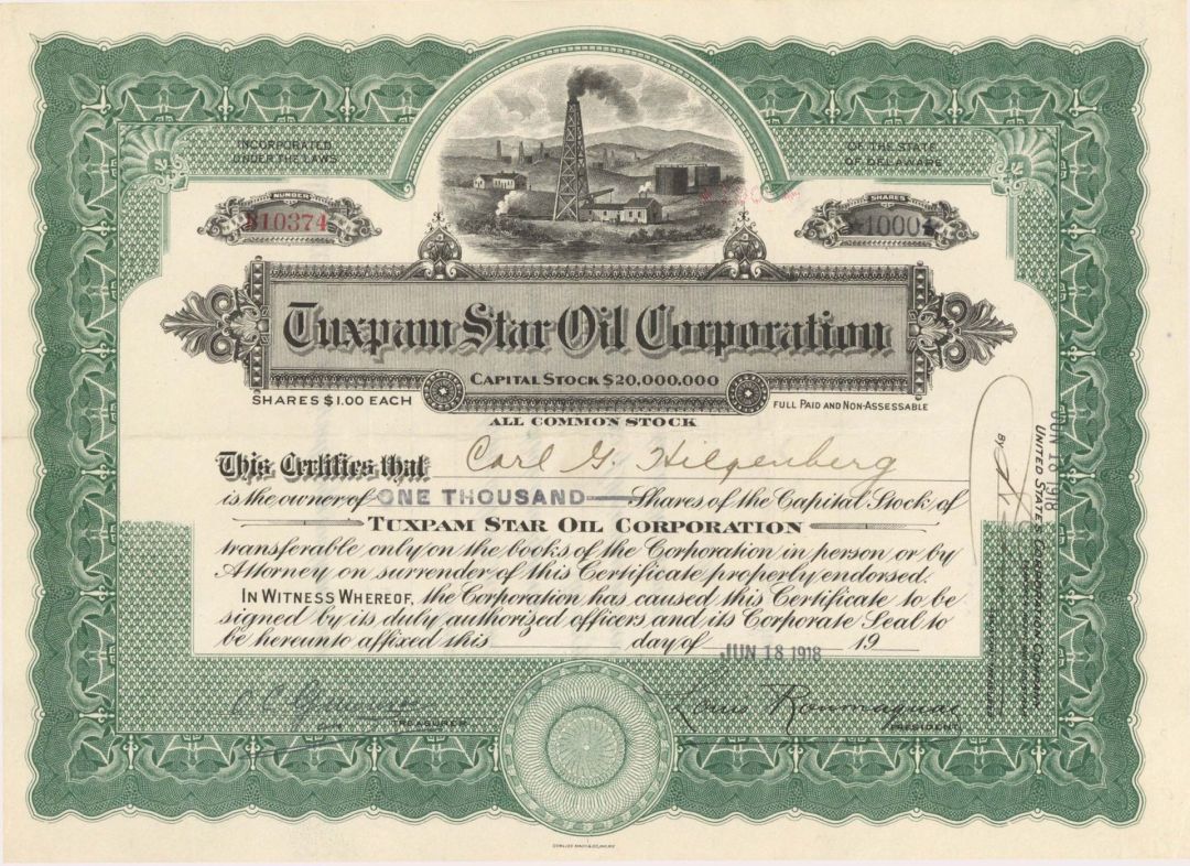 Tuxpam Star Oil Corp. - 1918 dated Stock Certificate