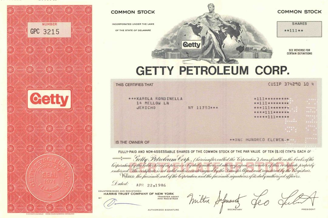 SPECIAL PRICE - Getty Petroleum Corp. - Similar to Getty Oil Corp. - Very Rare Type Stock Certificate