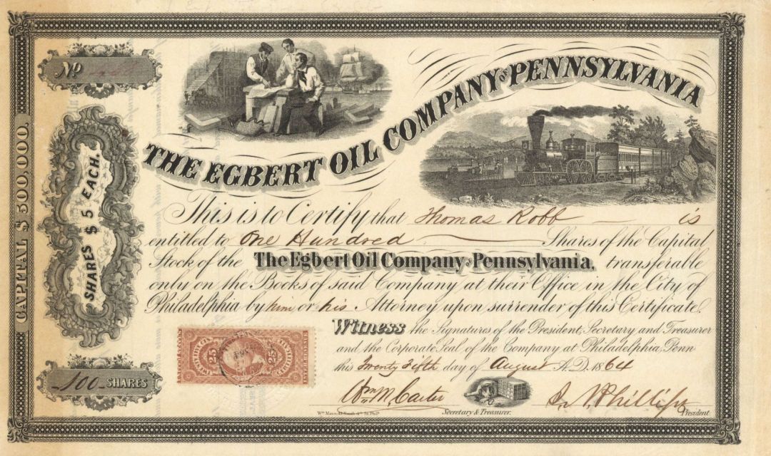 Egbert Oil Co. of Pennsylvania - 1864 dated Stock Certificate