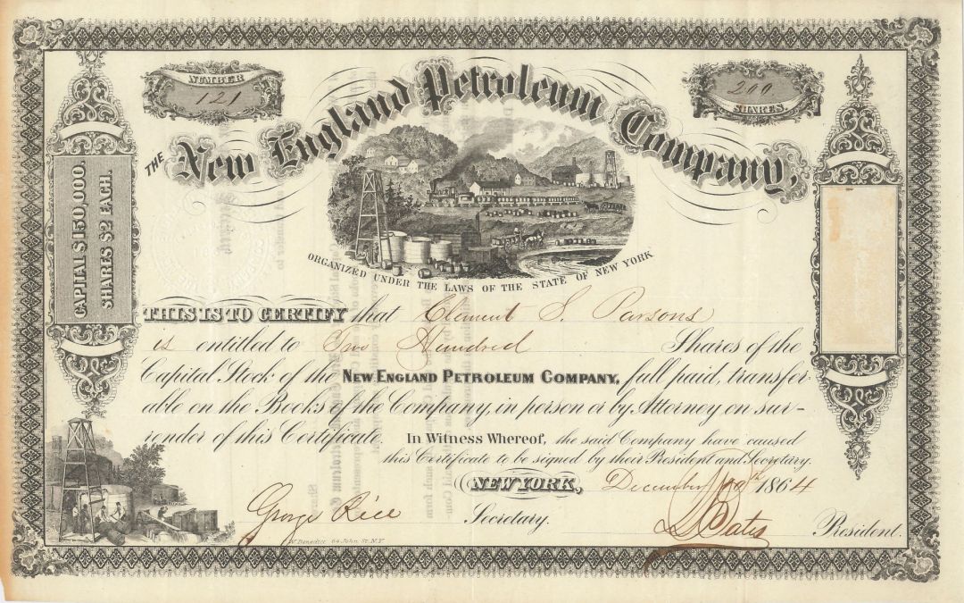 New England Petroleum Co. - 1860's dated New York Oil Stock Certificate