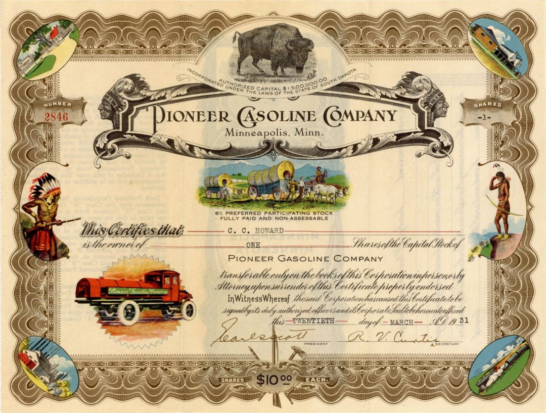 Pioneer Gasoline Co. - 1931 dated Gorgeous Multicolored Stock Certificate (Uncanceled)