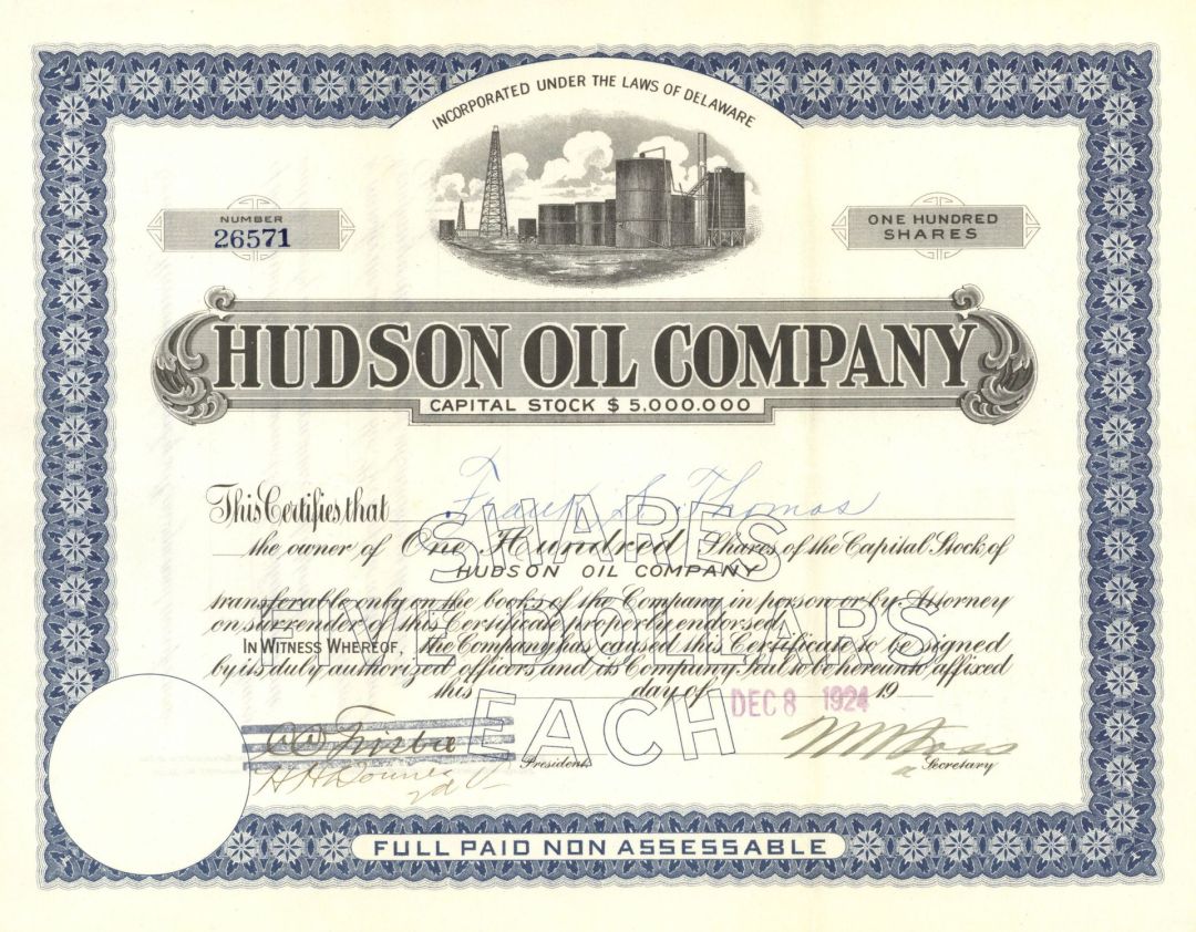 Hudson Oil Co. - dated 1924 Oil Stock Certificate