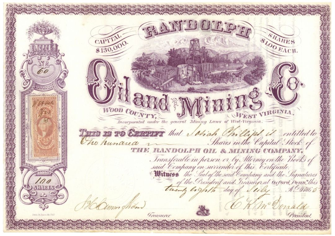 Randolph Oil and Mining Co. - 1865 dated Stock Certificate (Uncanceled) - Woods County, West Virginia & Oxford, Chester County, Pennsylvania