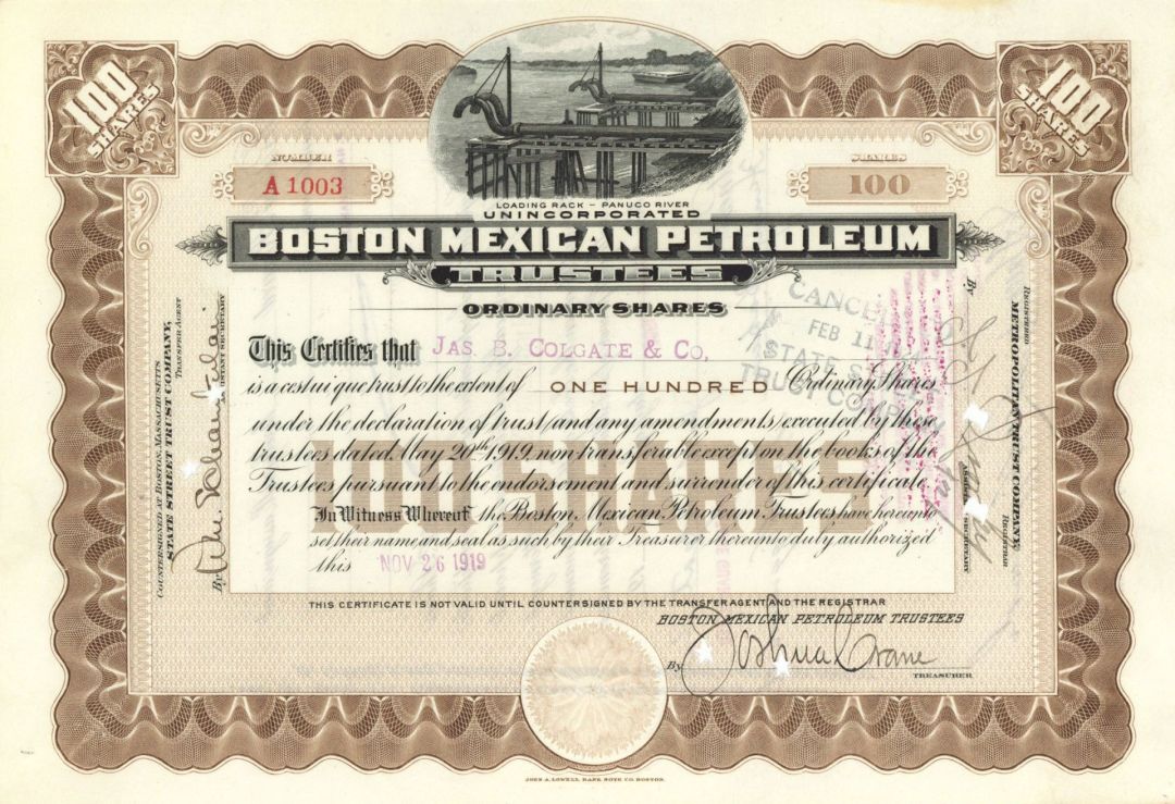 Boston Mexican Petroleum Trustees - 1919-1920 dated Stock Certificate