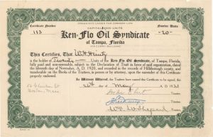 Ken=Flo Oil Syndicate of Tampa, Florida - Stock Certificate