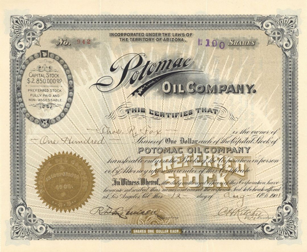 Potomac Oil Co. - 1901 dated California & Arizona Oil Stock Certificate