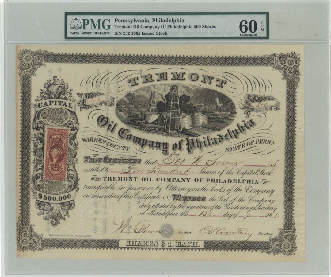 Tremont Oil Co. of Philadelphia - 1865 dated Pennsylvania Oil Stock Certificate - PMG 60 Authenticated