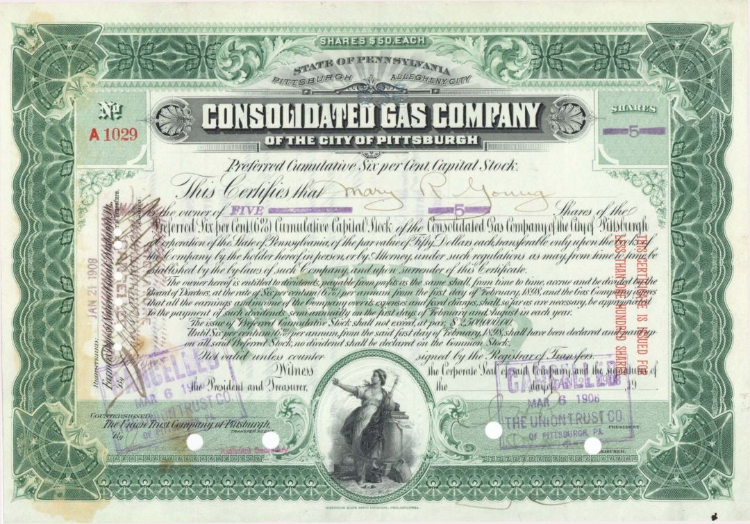 Consolidated Gas Co. of the City of Pittsburgh - 1908 dated Stock Certificate