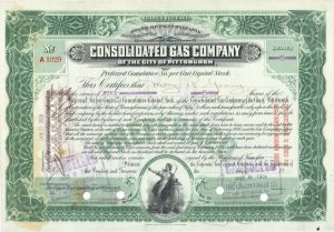 Consolidated Gas Co. of the City of Pittsburgh - 1908 dated Stock Certificate