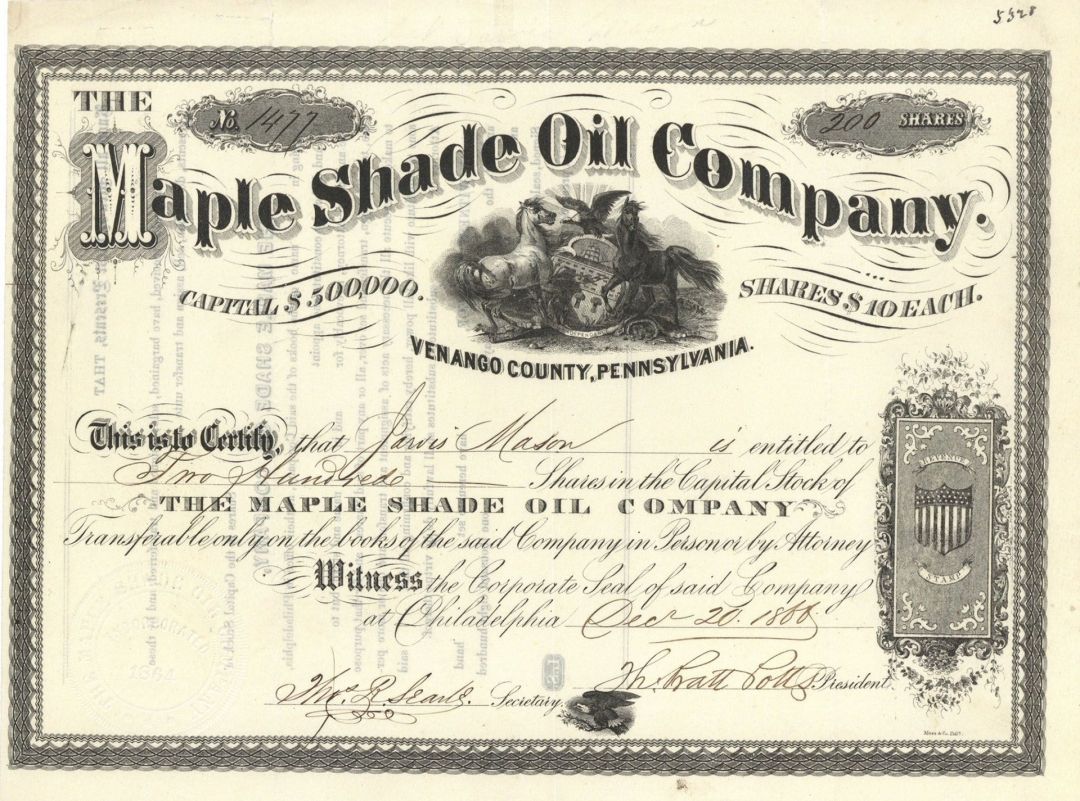 Maple Shade Oil Co. - 1866 dated Stock Certificate