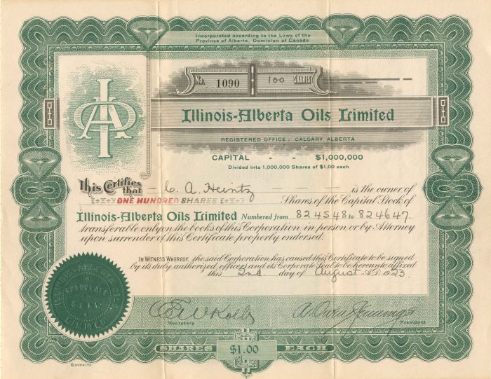 Illinois-Alberta Oils Limited - Stock Certificate