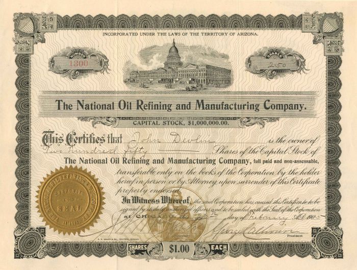 National Oil Refining and Manufacturing Co. - Stock Certificate