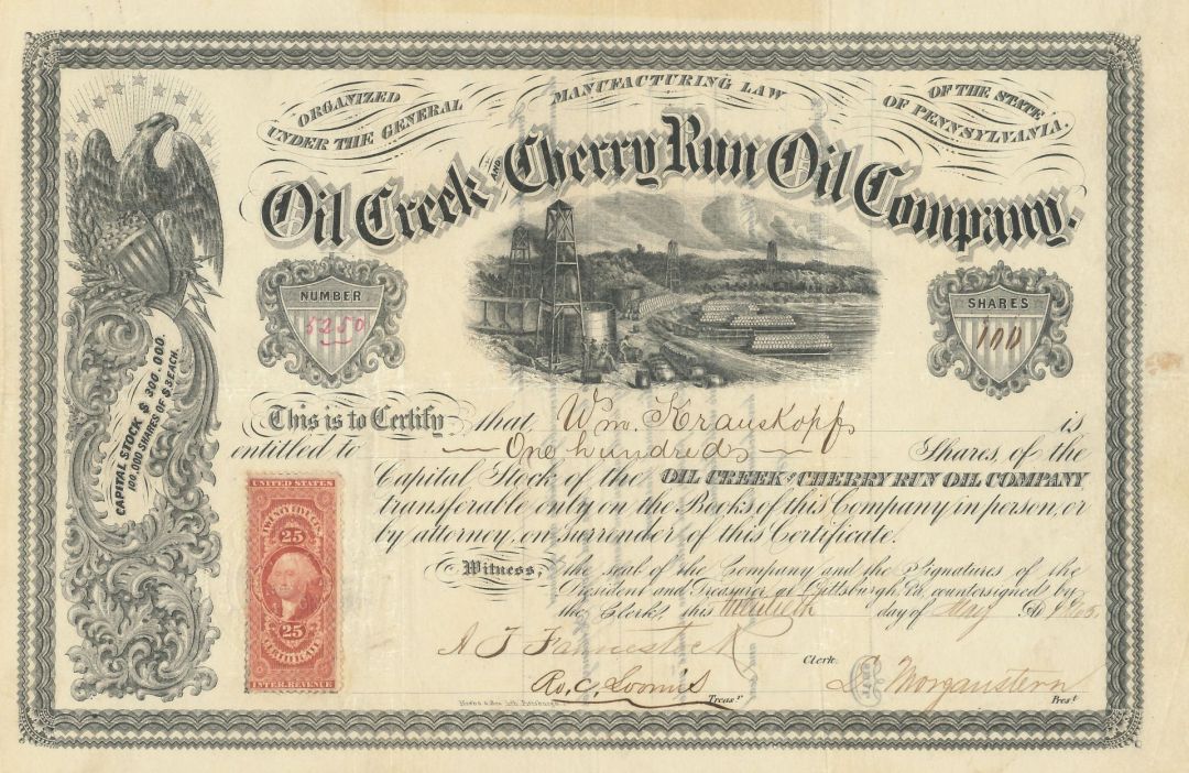 Oil Creek and Cherry Run Oil Co. - 1865 dated Pennsylvania Oil Stock Certificate