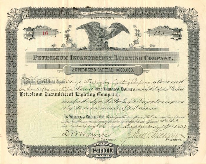 Petroleum Incandescent Lighting Company - Stock Certificate