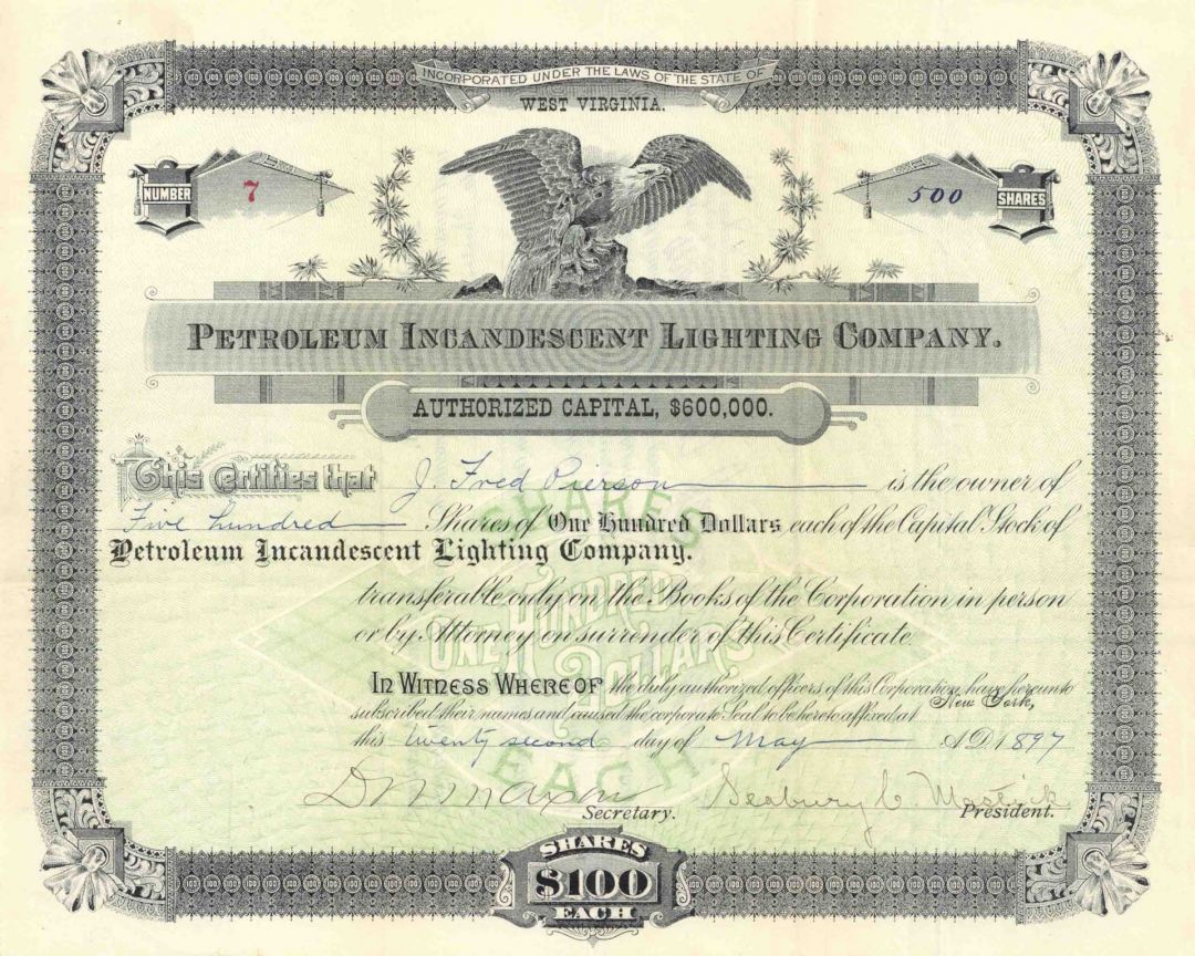Petroleum Incandescent Lighting Co. - 1897 dated Oil & Gas Lighting Stock Certificate - Very Rare Topic