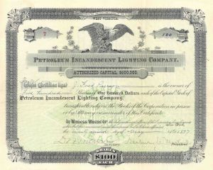Petroleum Incandescent Lighting Co. - Oil & Gas Lighting Stock Certificate - Very Rare Topic