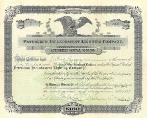 Petroleum Incandescent Lighting Co. - 1897 dated Oil & Gas Lighting Stock Certificate - Very Rare Topic