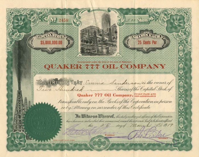 Quaker 777 Oil Co. - Stock Certificate