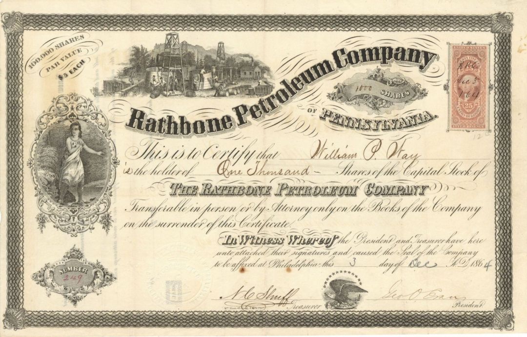 Rathbone Petroleum Co. of Pennsylvania - 1864 or 1865 dated Stock Certificate
