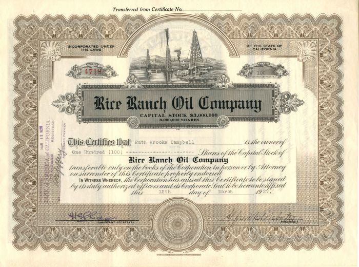 Rice Ranch Oil Co. - Stock Certificate