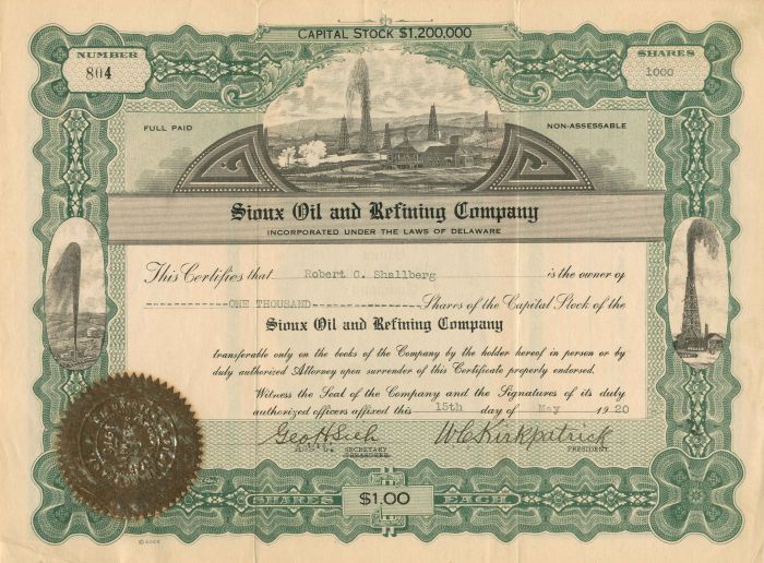 Sioux Oil and Refining Co. - Stock Certificate