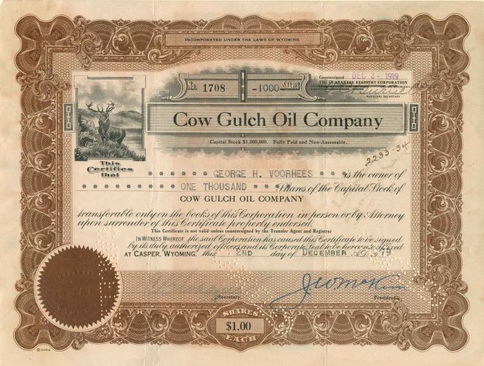 Cow Gulch Oil Co. - Stock Certificate