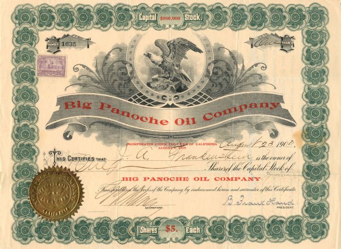 Big Panoche Oil Co. - Stock Certificate