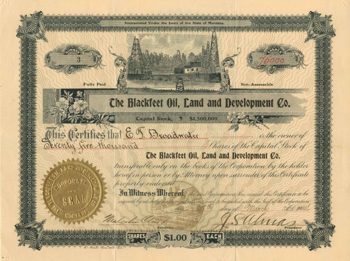 Blackfeet Oil, Land and Development Co. - Stock Certificate