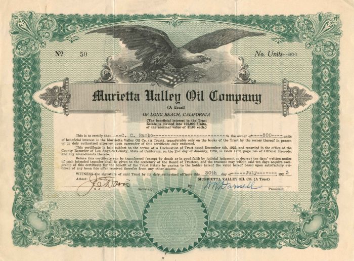 Murietta Valley Oil Co. - Stock Certificate