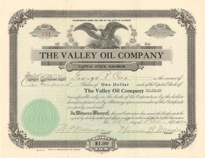 Valley Oil Co. - Stock Certificate