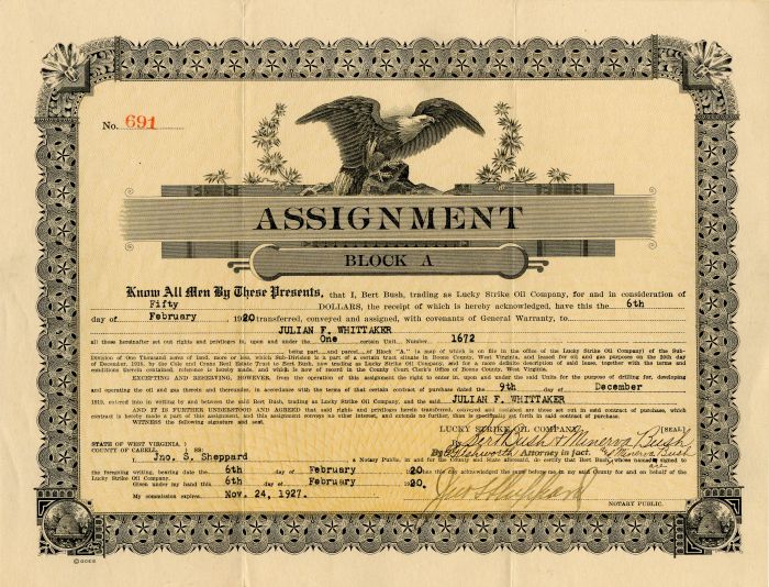 Assignment Block A - (Lucky Strike Oil Co.) - Stock Certificate