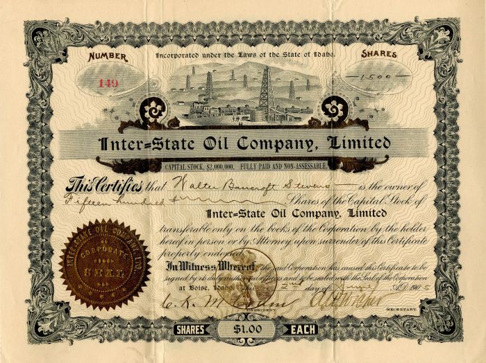 Inter=State Oil Co., Limited - Stock Certificate