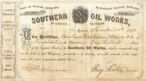 Southern Oil Works, of Memphis Tennessee - Stock Certificate