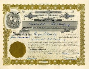 Hendershot Oil Co. - 1924 dated Colorado Oil Stock Certificate