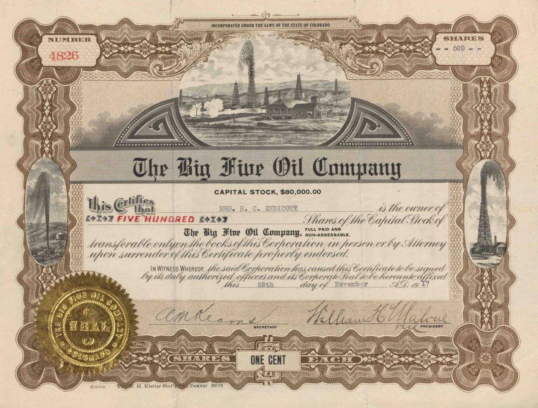 Big Five Oil Co. - Colorado Oil Stock Certificate