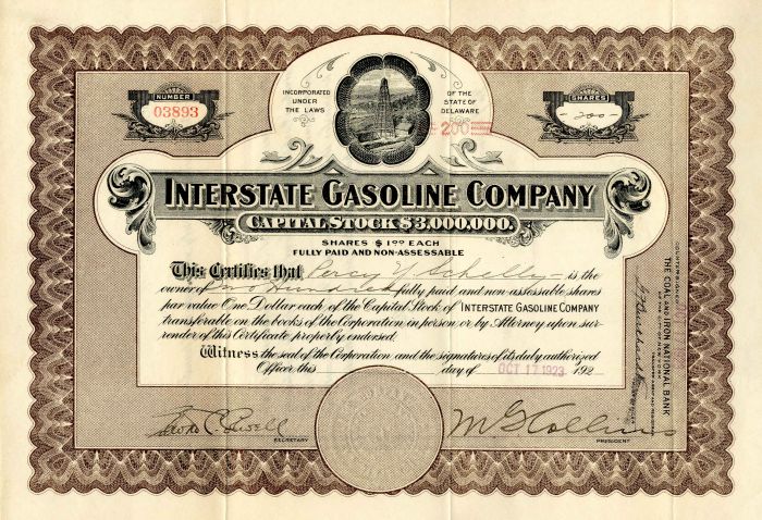 Interstate Gasoline Co. - Stock Certificate