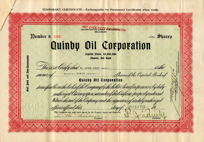 Quinby Oil Corporation - Stock Certificate