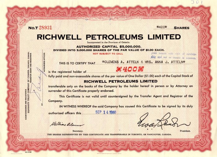 Richwell Petroleums Limited - Canadian Oil Stock Certificate