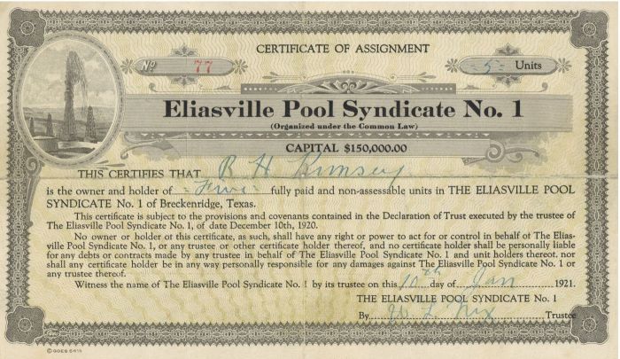 Eliasville Pool Syndicate No. 1 - Stock Certificate