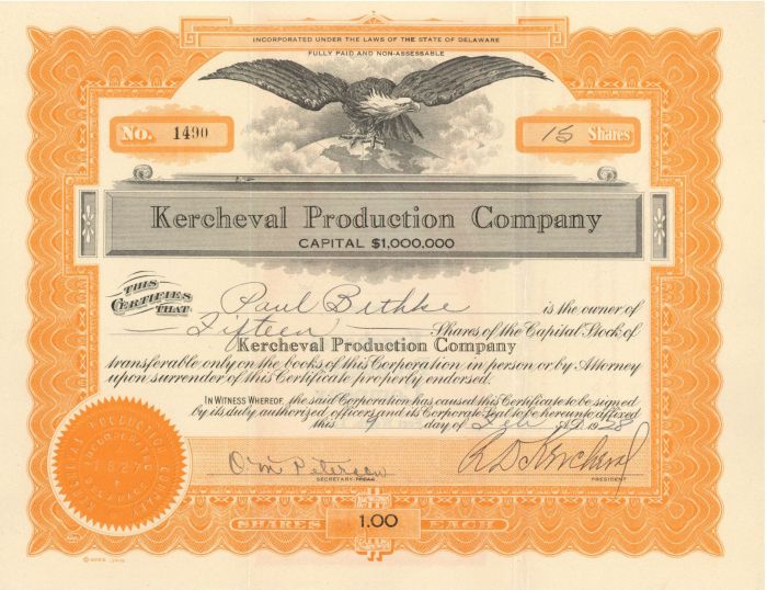 Kercheval Production Co. - Relating to Mail Fraud - Stock Certificate