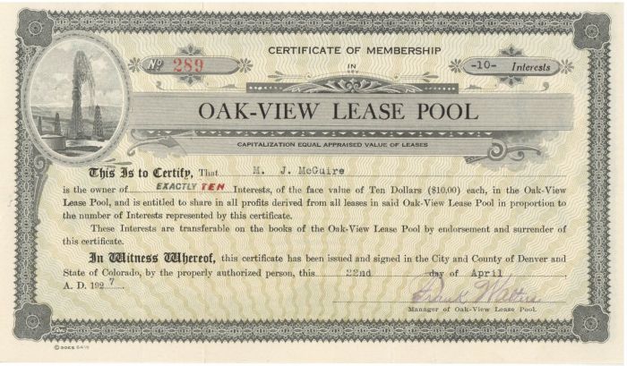 Oak-View Lease Pool - Stock Certificate