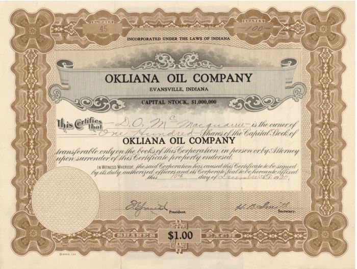 Oakliana Oil Co. - Stock Certificate