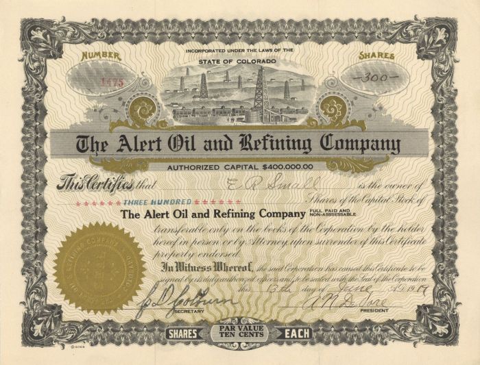 Alert Oil and Refining Co. - Stock Certificate