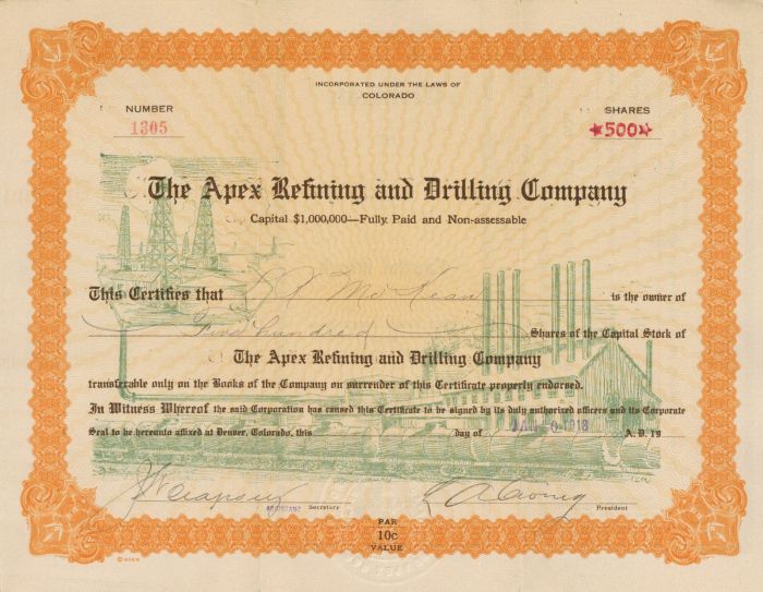 Apex Refining and Drilling Co. - Stock Certificate